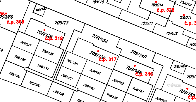 Popůvky 317 na parcele st. 709/135 v KÚ Popůvky u Brna, Katastrální mapa