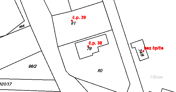 Klečůvka 38, Zlín na parcele st. 79 v KÚ Klečůvka, Katastrální mapa