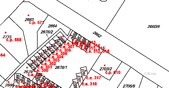 Děčín VI-Letná 312,316, Děčín na parcele st. 2665 v KÚ Podmokly, Katastrální mapa