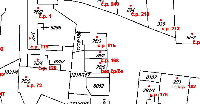 Popovice 168 na parcele st. 76/2 v KÚ Popovice u Uherského Hradiště, Katastrální mapa