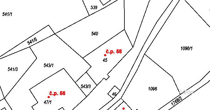 Líska 58, Česká Kamenice na parcele st. 45 v KÚ Líska, Katastrální mapa