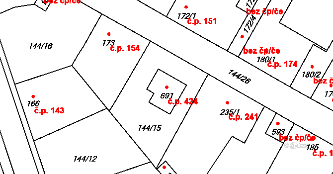 Úhonice 424 na parcele st. 691 v KÚ Úhonice, Katastrální mapa