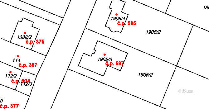 Mostkovice 597 na parcele st. 1905/3 v KÚ Stichovice, Katastrální mapa