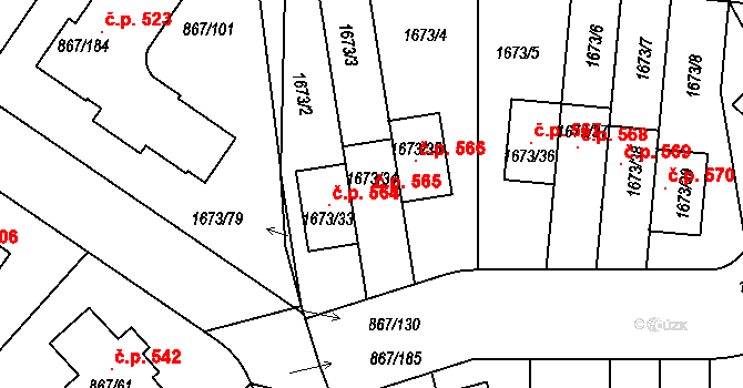 Hřebeč 565 na parcele st. 1673/34 v KÚ Hřebeč, Katastrální mapa