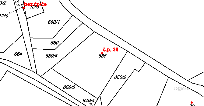 Rajnochovice 38 na parcele st. 635 v KÚ Rajnochovice, Katastrální mapa