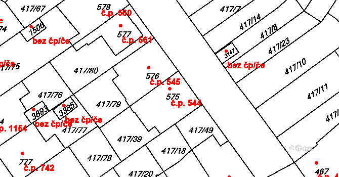 Bystřice pod Hostýnem 544 na parcele st. 575 v KÚ Bystřice pod Hostýnem, Katastrální mapa