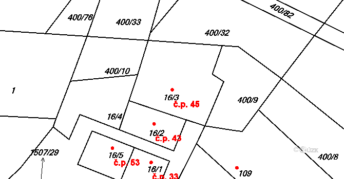 Lesonice 45 na parcele st. 16/3 v KÚ Lesonice u Moravského Krumlova, Katastrální mapa
