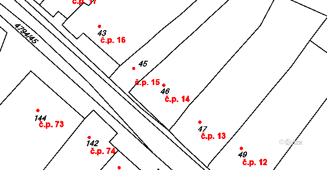 Vémyslice 14 na parcele st. 46 v KÚ Vémyslice, Katastrální mapa