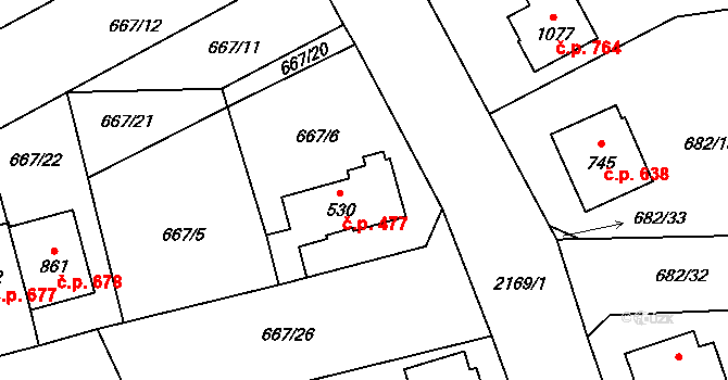 Lišov 477 na parcele st. 530 v KÚ Lišov, Katastrální mapa