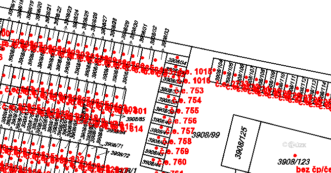Jihlava 754 na parcele st. 3908/37 v KÚ Jihlava, Katastrální mapa