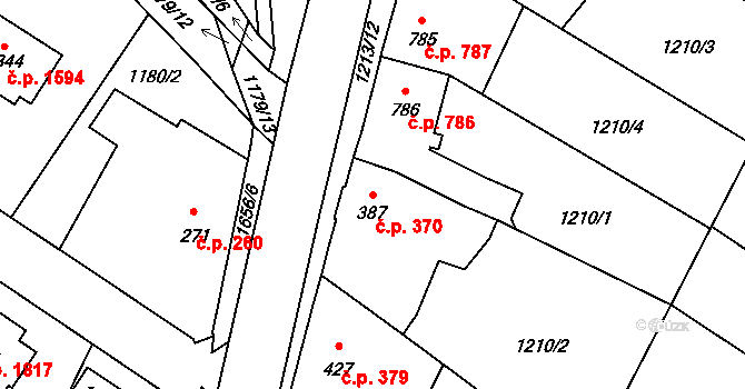 Říčany 370 na parcele st. 387 v KÚ Říčany u Prahy, Katastrální mapa