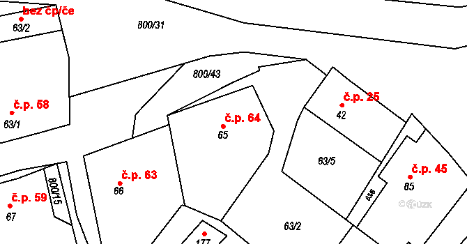 Daleké Dušníky 64 na parcele st. 65 v KÚ Daleké Dušníky, Katastrální mapa