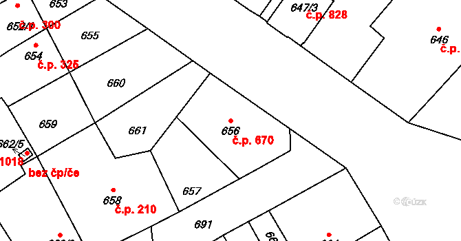 Lužice 670 na parcele st. 656 v KÚ Lužice u Hodonína, Katastrální mapa