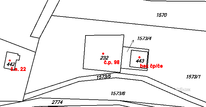 Václavice 98, Hrádek nad Nisou na parcele st. 232 v KÚ Václavice u Hrádku nad Nisou, Katastrální mapa