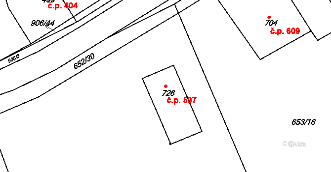 Osek 597 na parcele st. 726 v KÚ Osek u Duchcova, Katastrální mapa