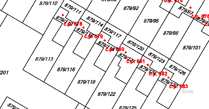 Kosmonosy 680 na parcele st. 879/118 v KÚ Kosmonosy, Katastrální mapa