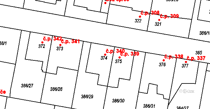 Smiřice 340 na parcele st. 374 v KÚ Smiřice, Katastrální mapa
