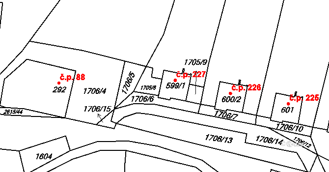 Koclířov 227 na parcele st. 599/1 v KÚ Koclířov, Katastrální mapa