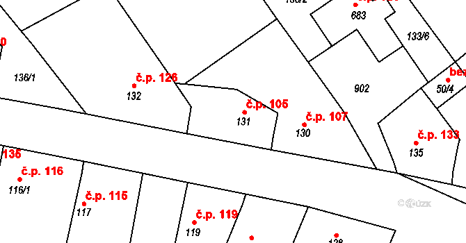 Loučeň 105 na parcele st. 131 v KÚ Loučeň, Katastrální mapa