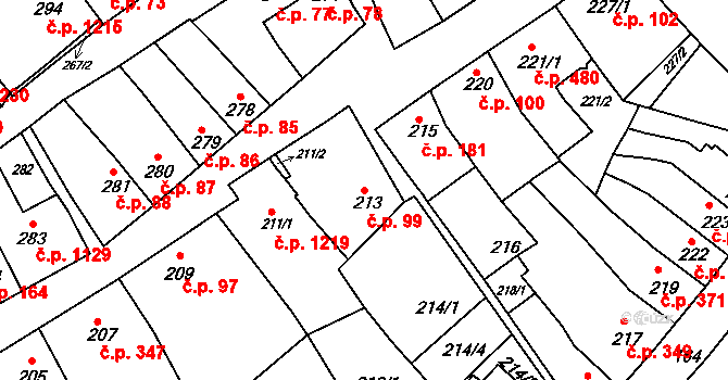 Bystrc 99, Brno na parcele st. 213 v KÚ Bystrc, Katastrální mapa