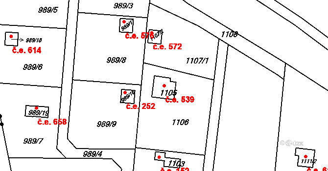 Nový Lískovec 539, Brno na parcele st. 1105 v KÚ Nový Lískovec, Katastrální mapa