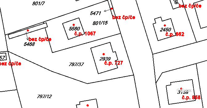 Plzeňské Předměstí 727, Rokycany na parcele st. 2939 v KÚ Rokycany, Katastrální mapa
