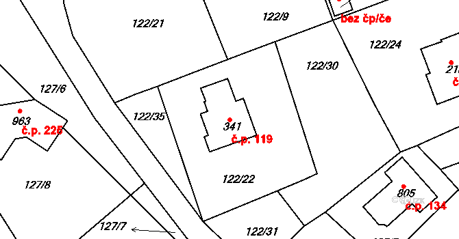 Podhrad 119, Cheb na parcele st. 341 v KÚ Podhrad, Katastrální mapa