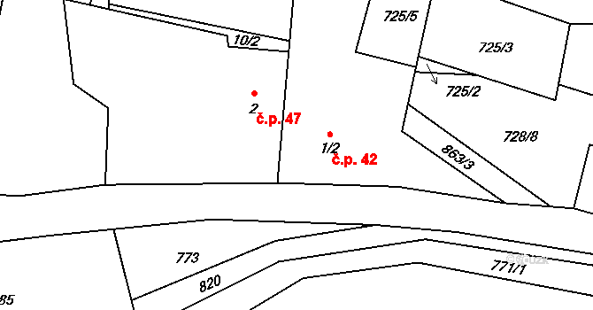 Orasín 42, Boleboř na parcele st. 1/2 v KÚ Orasín, Katastrální mapa