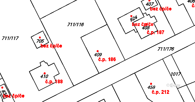 Daliměřice 186, Turnov na parcele st. 409 v KÚ Daliměřice, Katastrální mapa