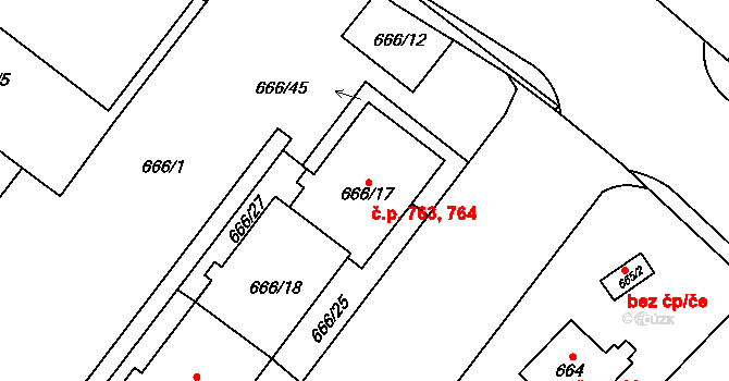 Kamýk 763,764, Praha na parcele st. 666/17 v KÚ Kamýk, Katastrální mapa