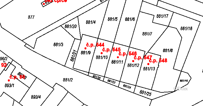 Zbýšov 545 na parcele st. 881/10 v KÚ Zbýšov u Oslavan, Katastrální mapa