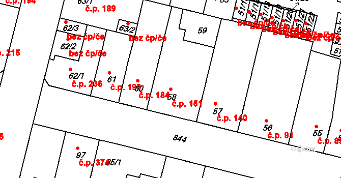 Doudlevce 151, Plzeň na parcele st. 58 v KÚ Doudlevce, Katastrální mapa