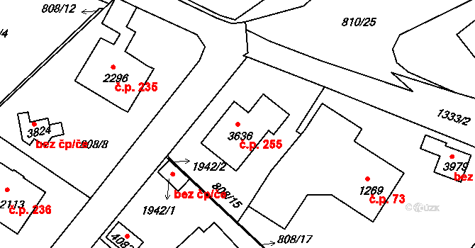 Nádražní Předměstí 255, Český Krumlov na parcele st. 3636 v KÚ Český Krumlov, Katastrální mapa