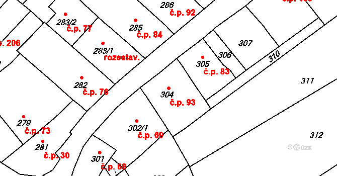 Chudčice 93 na parcele st. 304 v KÚ Chudčice, Katastrální mapa