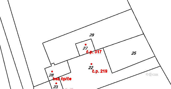 Chotěbuz 317 na parcele st. 27 v KÚ Podobora, Katastrální mapa