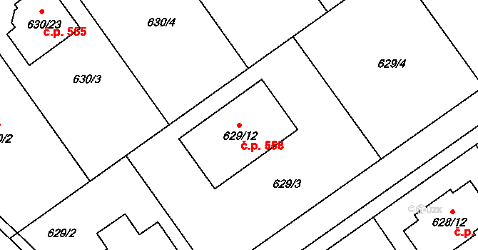 Jirny 558 na parcele st. 629/12 v KÚ Jirny, Katastrální mapa