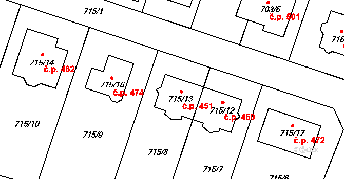 Zruč 451, Zruč-Senec na parcele st. 715/13 v KÚ Zruč, Katastrální mapa