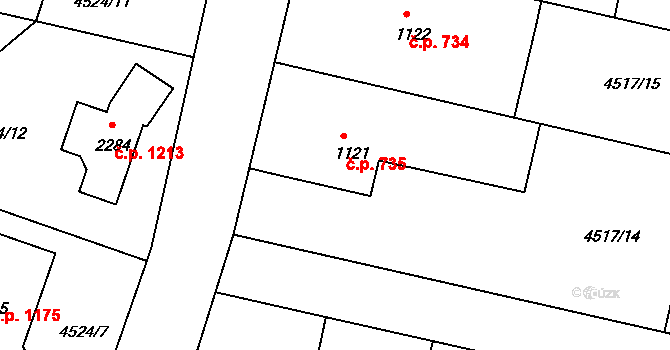 Vizovice 735 na parcele st. 1121 v KÚ Vizovice, Katastrální mapa