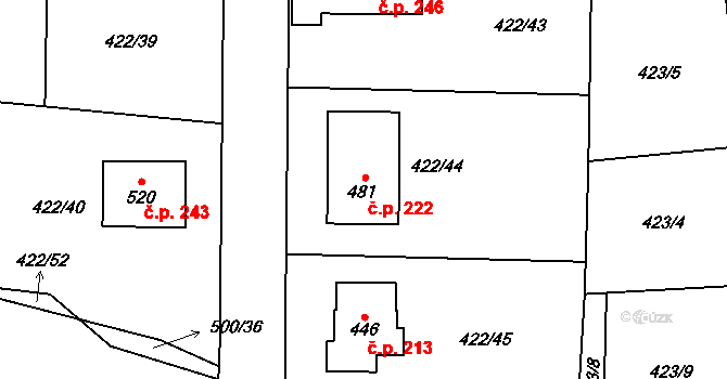 Smrkovice 222, Písek na parcele st. 481 v KÚ Smrkovice, Katastrální mapa