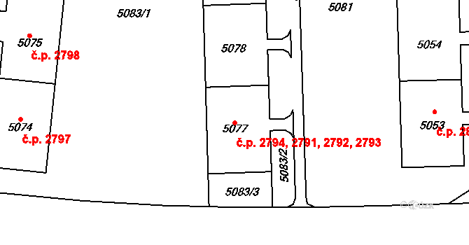 Most 2791,2792,2793,2794 na parcele st. 5077 v KÚ Most II, Katastrální mapa