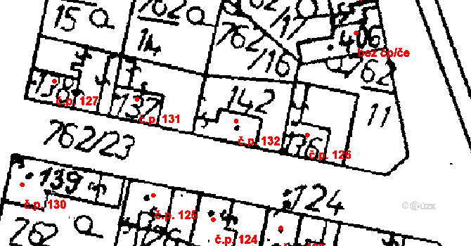 Tři Dvory 132 na parcele st. 142 v KÚ Tři Dvory, Katastrální mapa
