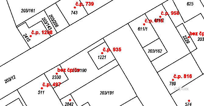 Přeštice 935 na parcele st. 1221 v KÚ Přeštice, Katastrální mapa