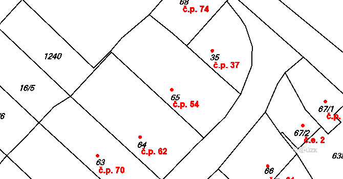 Těškov 54 na parcele st. 65 v KÚ Těškov, Katastrální mapa