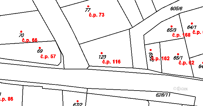 Rosice 116, Pardubice na parcele st. 123 v KÚ Rosice nad Labem, Katastrální mapa