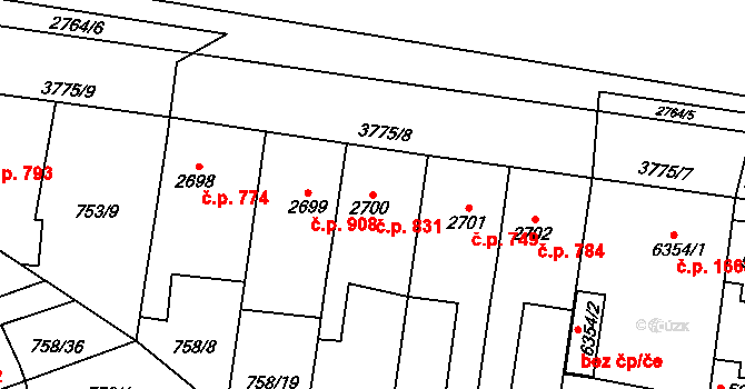 Bílé Předměstí 831, Pardubice na parcele st. 2700 v KÚ Pardubice, Katastrální mapa