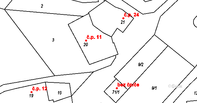 Ondřejov 11 na parcele st. 20 v KÚ Ondřejov u Pelhřimova, Katastrální mapa