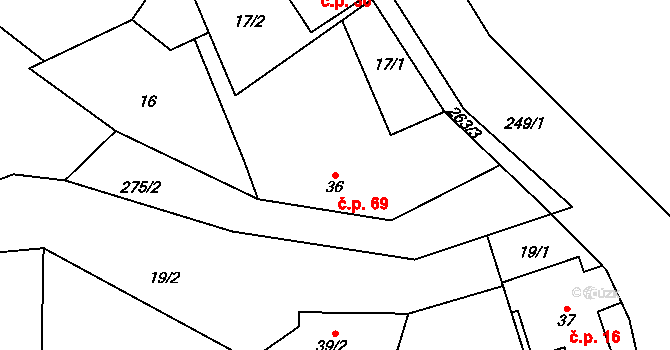 Bílek 69, Chotěboř na parcele st. 36 v KÚ Bílek, Katastrální mapa
