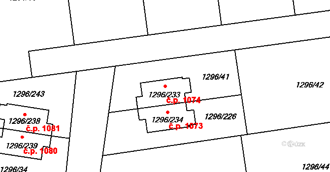 Vejprnice 1074 na parcele st. 1296/233 v KÚ Vejprnice, Katastrální mapa