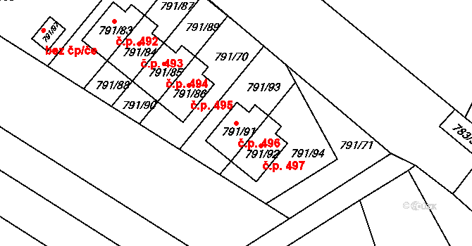 Křelov 496, Křelov-Břuchotín na parcele st. 791/91 v KÚ Křelov, Katastrální mapa