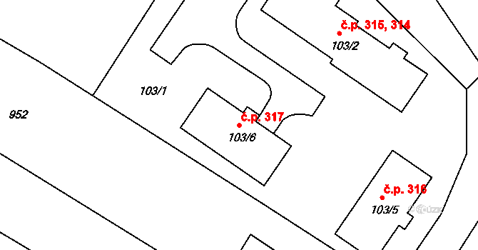 Rychlov 317, Bystřice pod Hostýnem na parcele st. 103/6 v KÚ Rychlov u Bystřice pod Hostýnem, Katastrální mapa